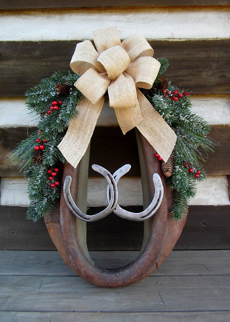 repurposed horseshoe and horse harness Christmas wreath featured at KnickofTime.net