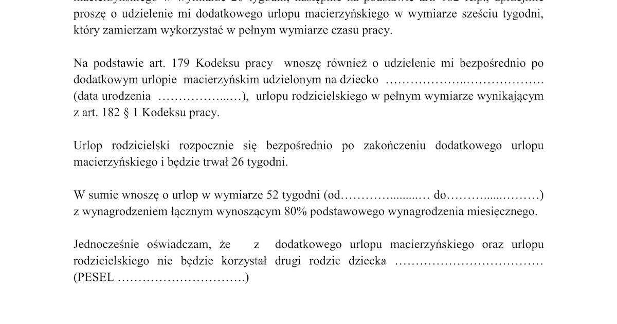 Kompletny wniosek o roczny urlop macierzyński i rodzicielski do