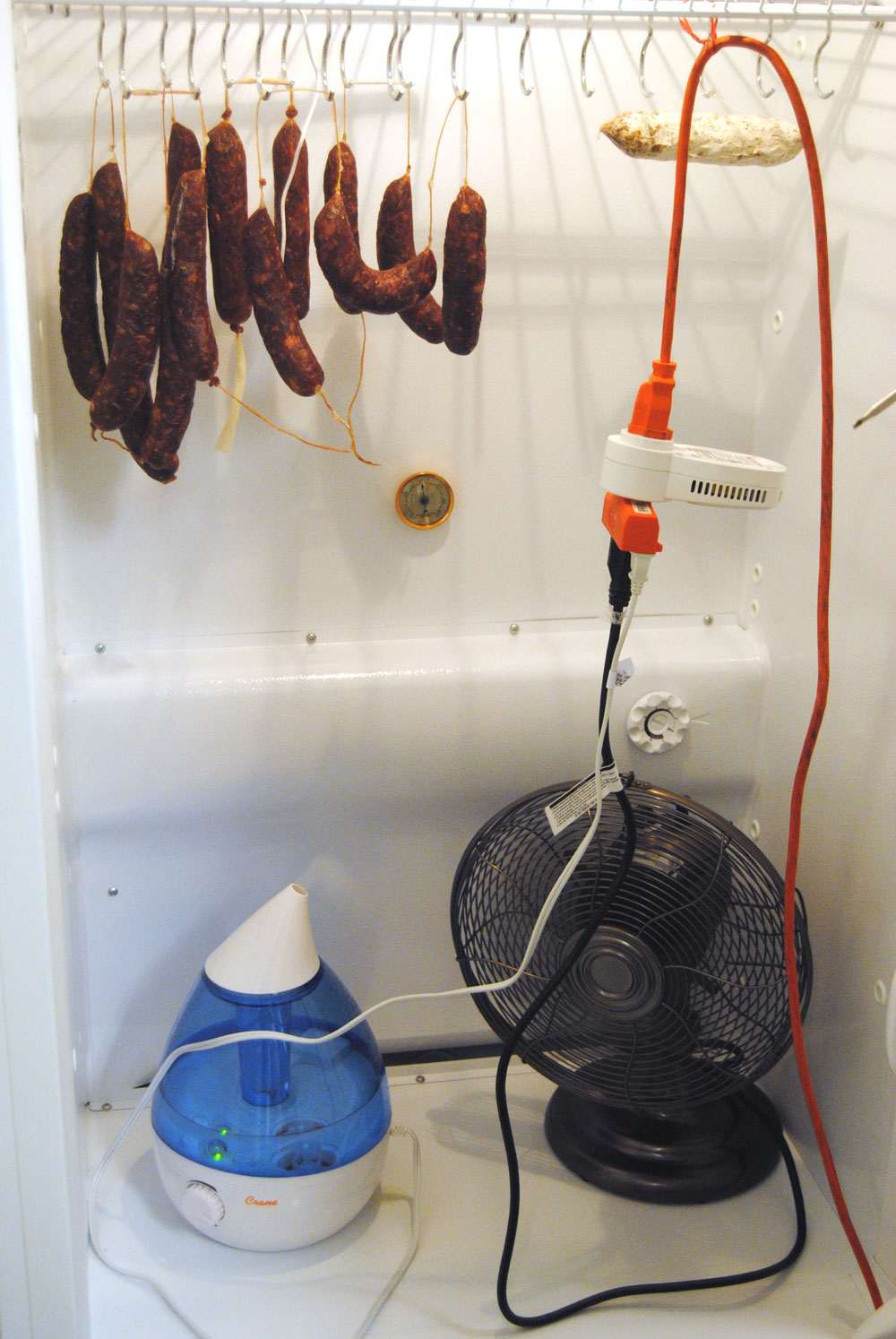 Day One of drying our Elk Salami in our homemade dry cure chamber