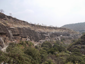 View of "Horse-shoe" shaped Ajanta Cave complex from Cave No 26.