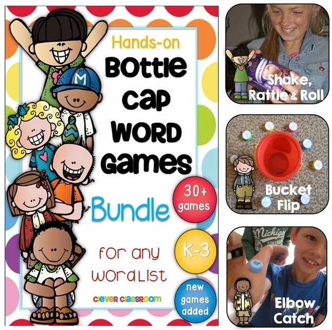 Bottle Cap Center Games for any Word List BUNDLE 30+ Games (33 games and growing)  Fun, hands-on, body, literacy center game for any word list, including sight words, HFW, vocabulary words, topic words, personal words or even sounds. 