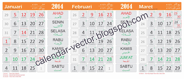 Template Kalender 2014 (MAS-2014-02) dilengkapi kalender Jawa, Pasaran