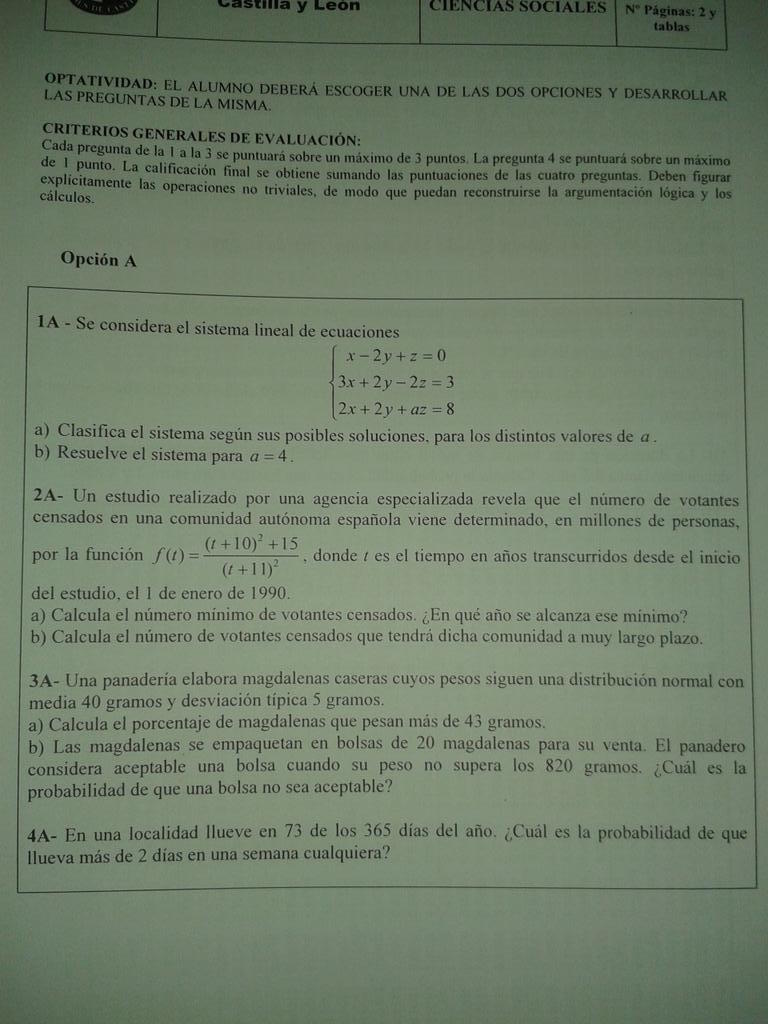 Examenes Ebau Matematicas Ciencias Sociales Castilla Y Leon