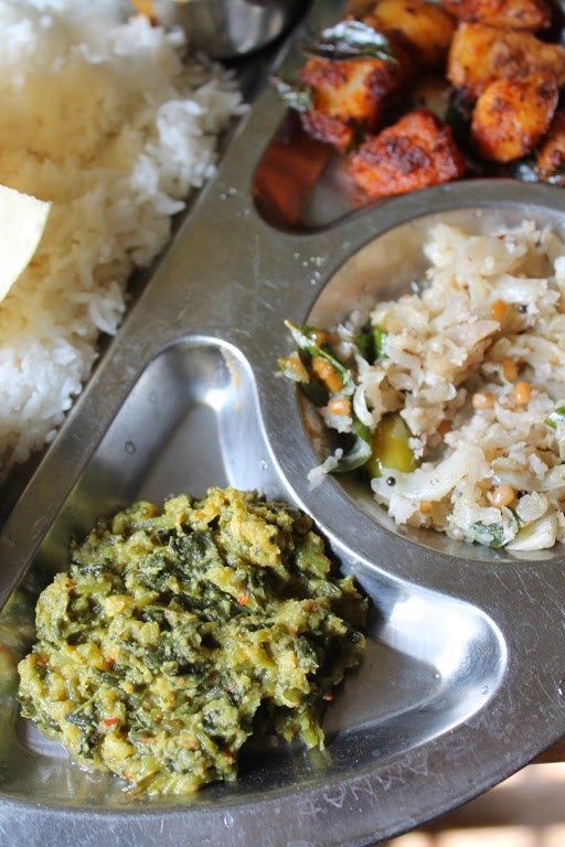 Lunch Menu 2 Pulikulambu, Potato Roast, Cabbage Thoran & Keerai Kootu Yummy Tummy