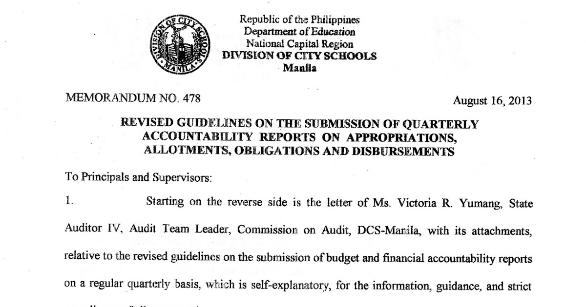 Department of Education Manila: Division Memorandum No. 478 REVISED The Offices Of Records Of Declaration Disbursements Division