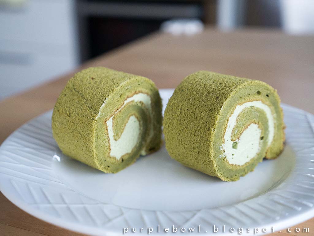 Purple bowl Green tea Swiss roll recipe