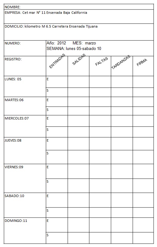 Mariel Rodriguez. Tarjeta de asistencia semanal