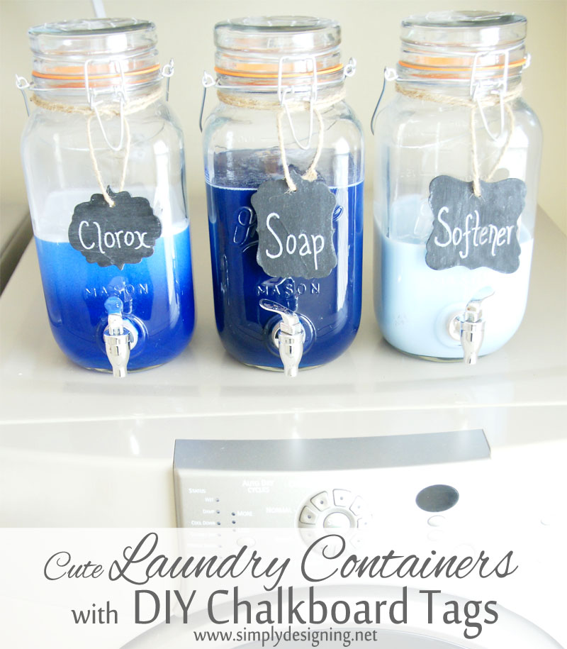 Three laundry soap dispensers made from mason jar drink dispensers each with a chalkboard tag. Tags read Clorox, Soap, Softener 