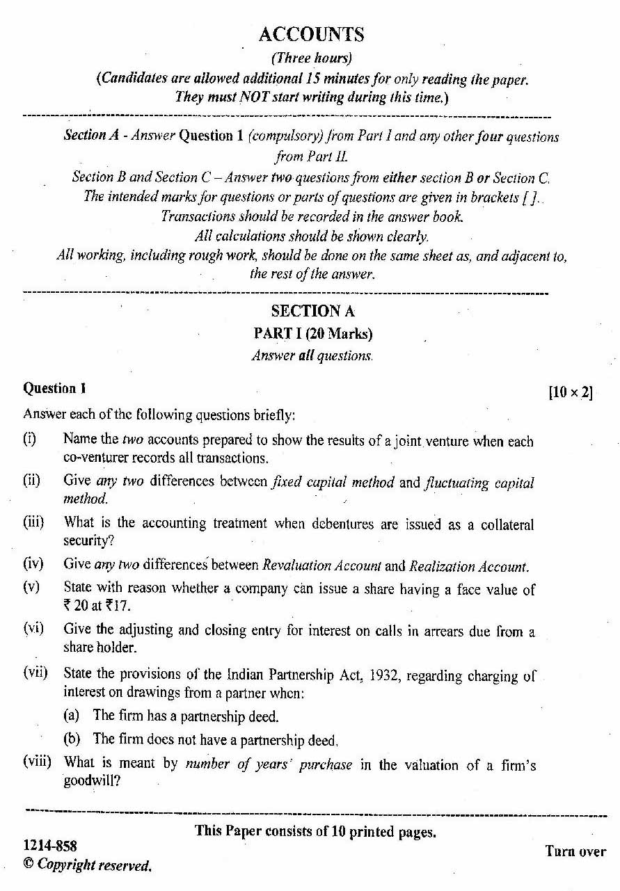 isc 2014 class 12th Accountancy question paper isc 2014 class 12th Accountancy question paper