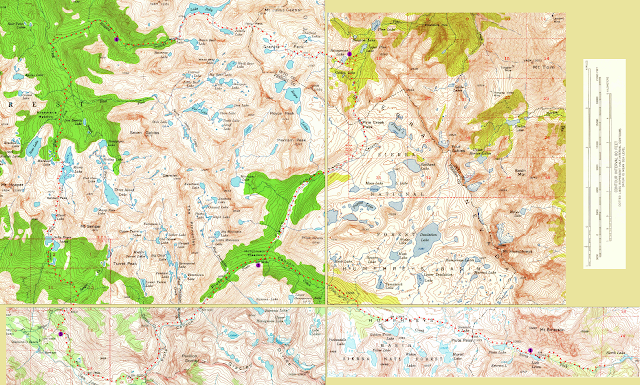 map of loop route from Piute Pass near Bishop, CA, including camping locations