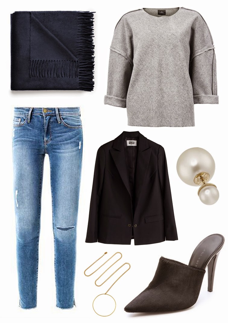 The Blab outfit collage, Acne scarf, designer remix sweater, Frame denim, Weekday vest, Dior double pearl earrings, Maria Black chain necklace, Jenni Kayne mules The Blab outfit collage, Acne scarf, designer remix sweater, Frame denim, Weekday vest, Dior double pearl earrings, Maria Black chain necklace, Jenni Kayne mules