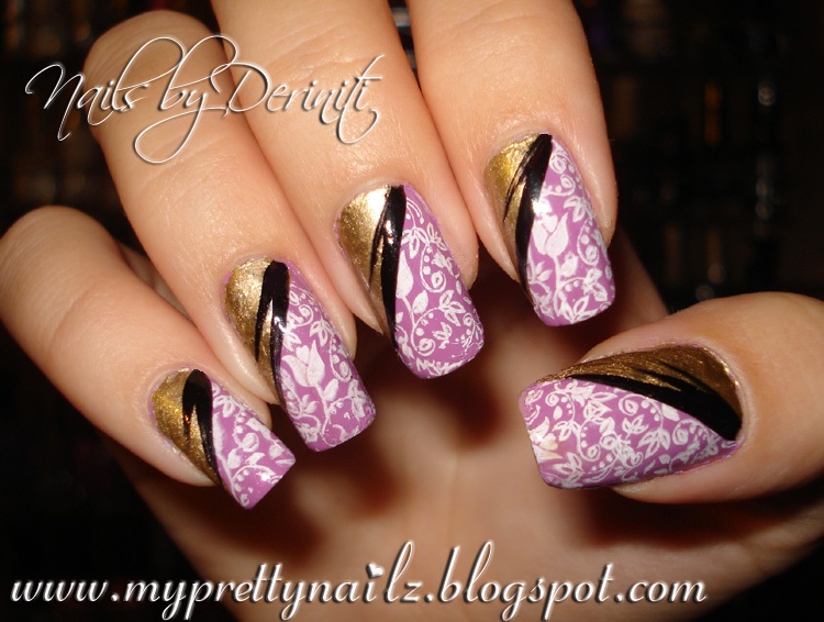 Mother's Day Mani - Purple and Gold Nails with Rose Pattern