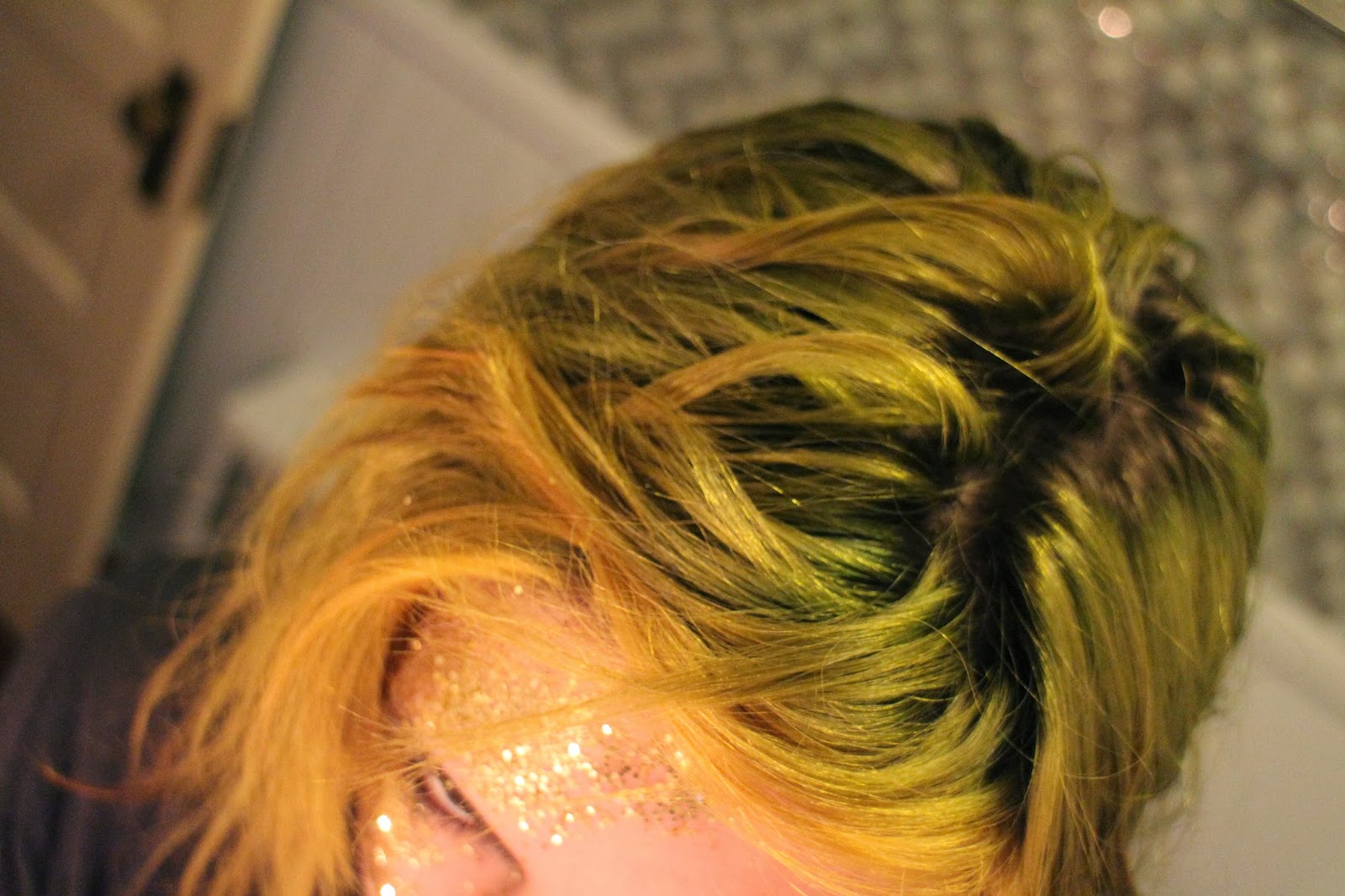 two-tone green and yellow hair with dark roots, grunge hair, stuffeddoggie, glitterface makeup. disco-ball face, using glue to put sparkles on face, glitter makeup, halloween, james bond face makeup two-tone green and yellow hair with dark roots, grunge hair, stuffeddoggie, glitterface makeup. disco-ball face, using glue to put sparkles on face, glitter makeup, halloween, james bond face makeup