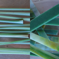 Bullseye Glass in Shades of Green Pulled into Round Lengths for Flower Stems Bullseye Glass in Shades of Green Pulled into Round Lengths for Flower Stems
