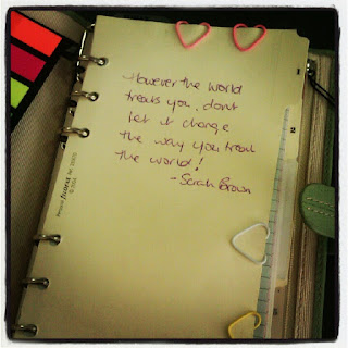 filofax, heart-shaped paperclips, page markers, inspirational quote, 