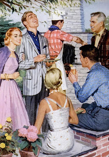 vintage retro barbecue illustration fashion party color men neighborhood 50s housewife bbq 1950s backyard magazine illustrations dress ad family print