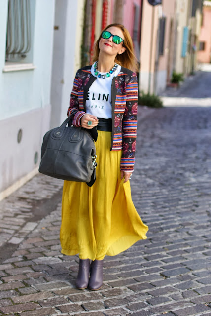 maxi skirt, ethnic print jacket, Urban Gypsy look, Fashion and Cookies, fashion blogger