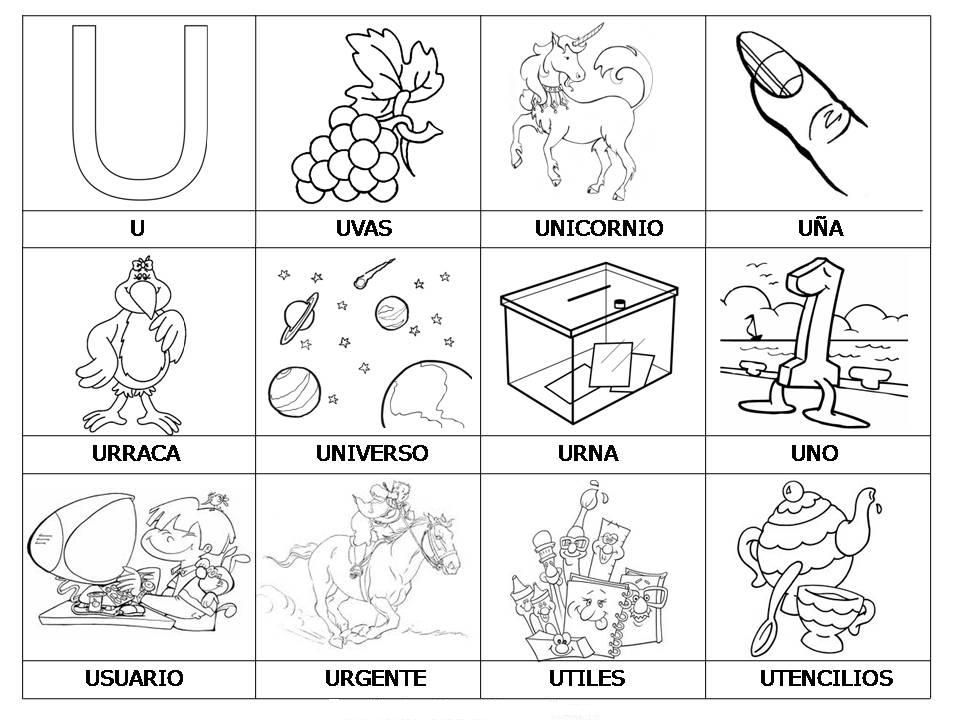 Laminas con dibujos para aprender palabras y colorear con letra: U ...