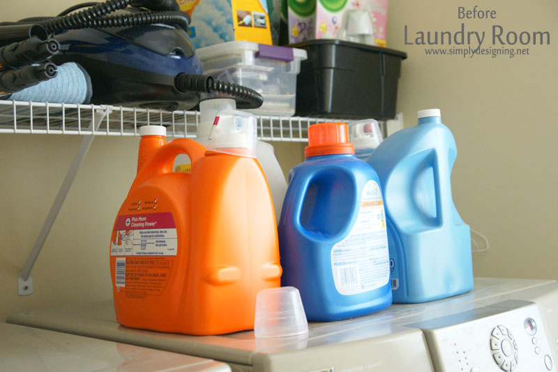 Plastic bottles of laundry soap sitting on top of a washing machine