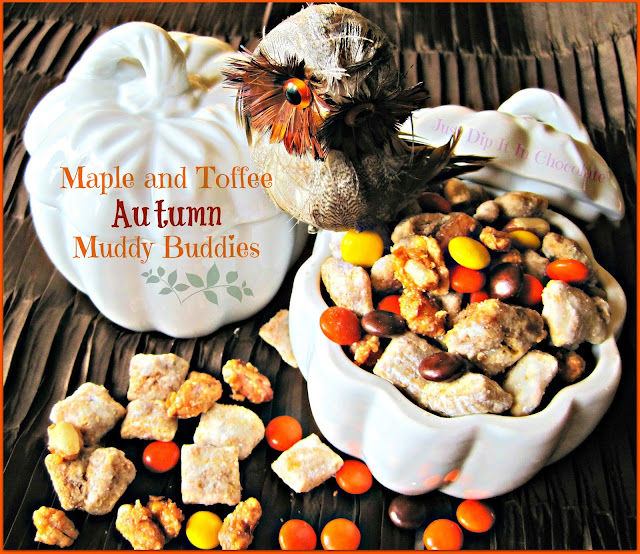 Maple and Toffee Autumn Muddy Buddies Recipe, welcome Autumn and Fall with a batch of these delicious Muddy Buddies, drizzled with Buttery Maple Syrup, Cookie Butter and other goodies!