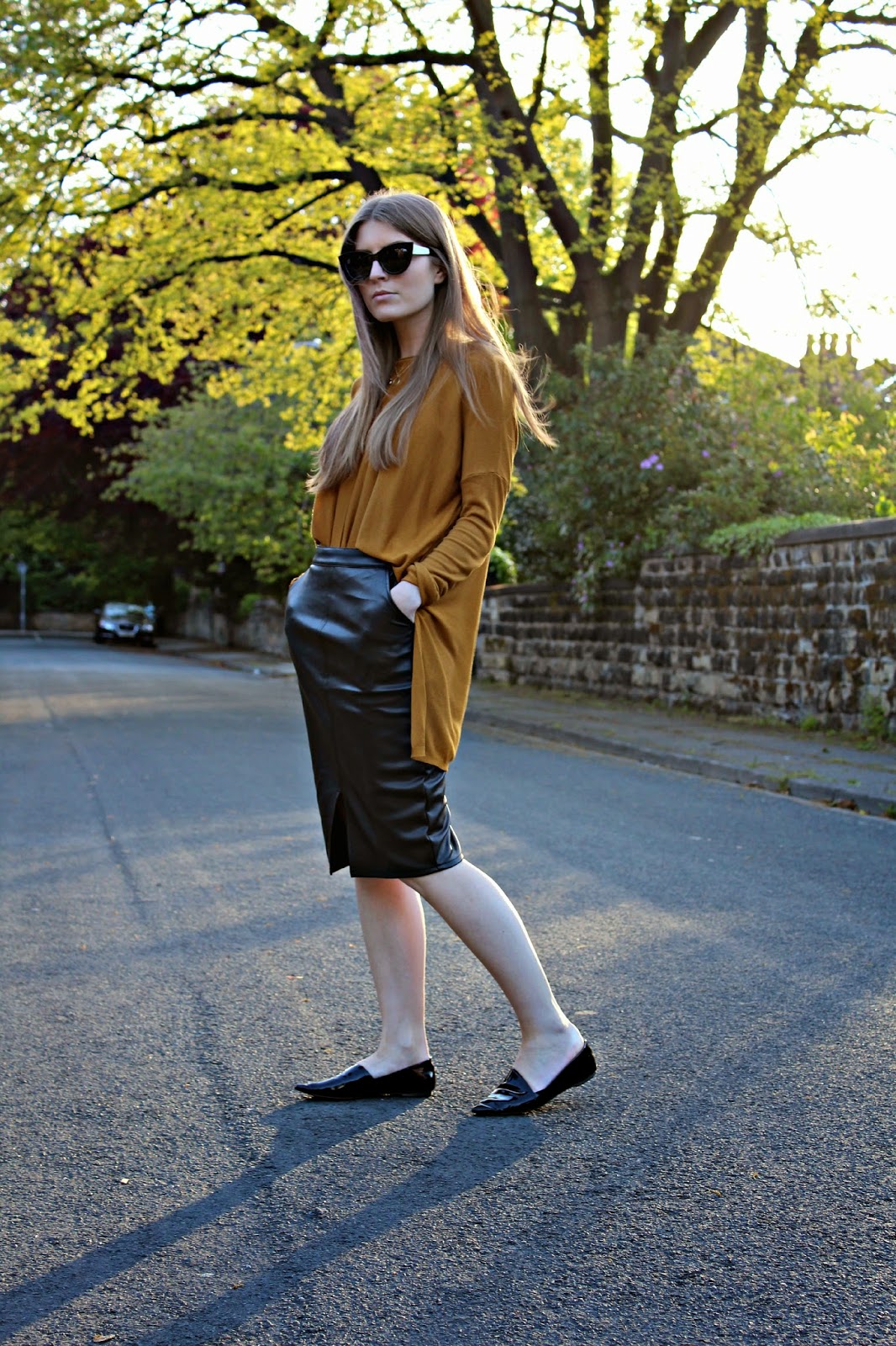 Outfit Mustard Jumper and Leather Pencil Skirt Style Trunk