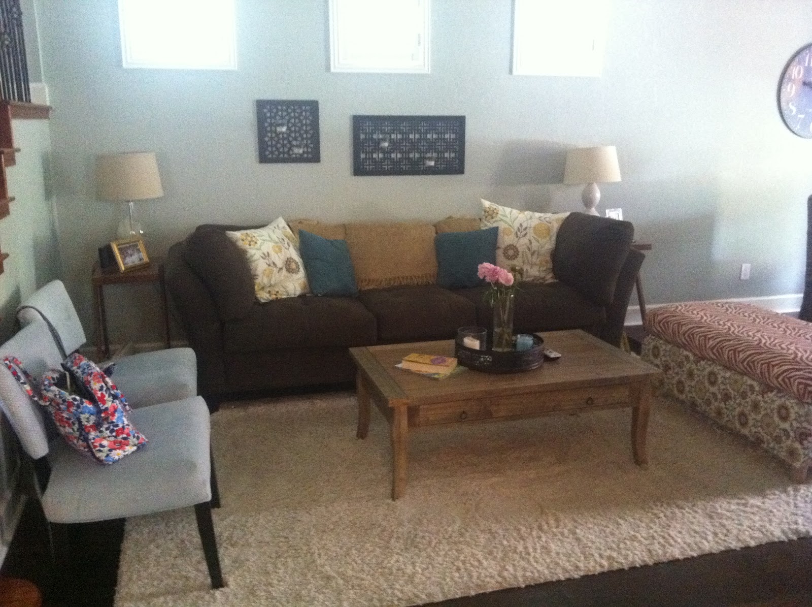 Navy blue kitchen cabinets Yellow Teal and Brown Living Room