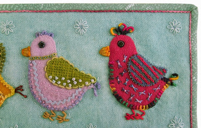 Robin Atkins, chicks, wool applique, bead and thread embroidery, binding