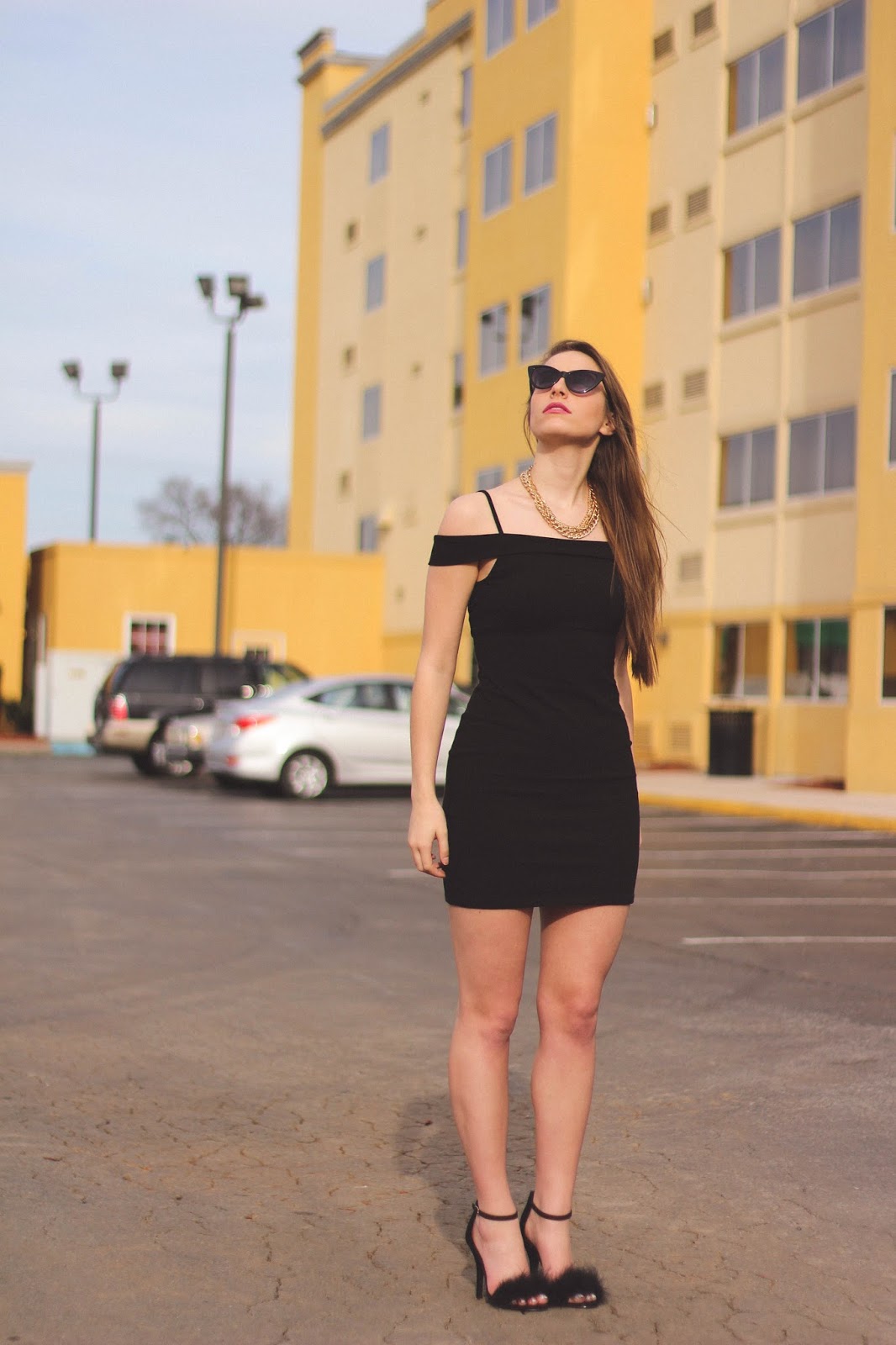 Retro Black and Gold Outfit, Black Off the Shoulder Dress, Lana del Rey Style, Californication, Fashion Blogger
