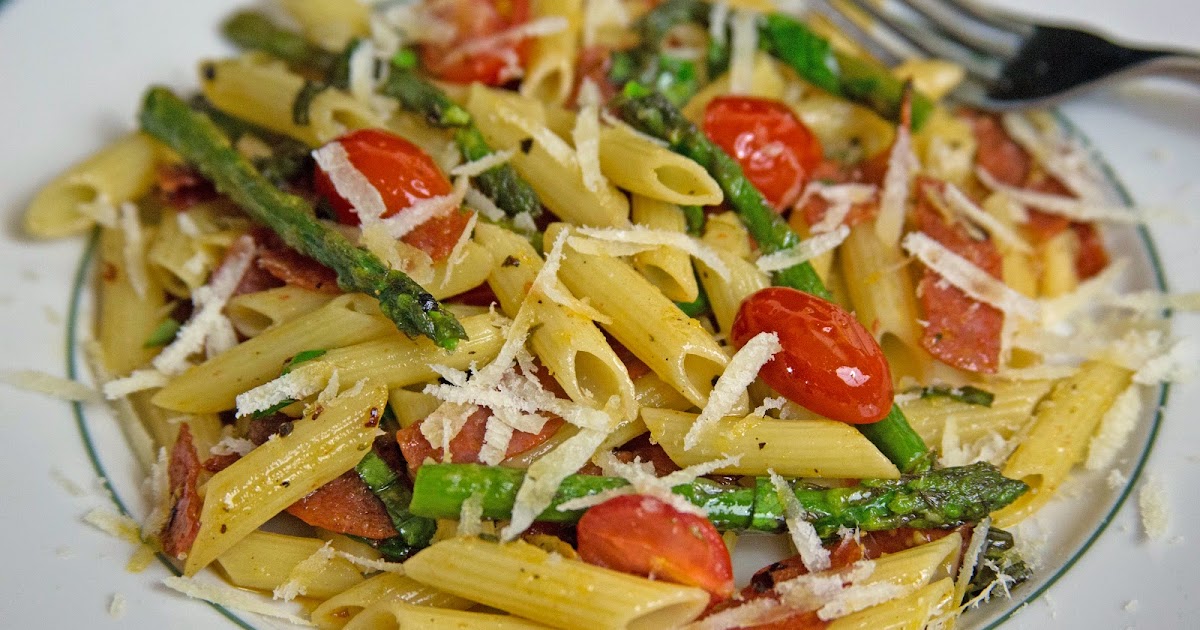 Asparagus, Cherry Tomato and Pepperoni Pasta the DIY food blog real