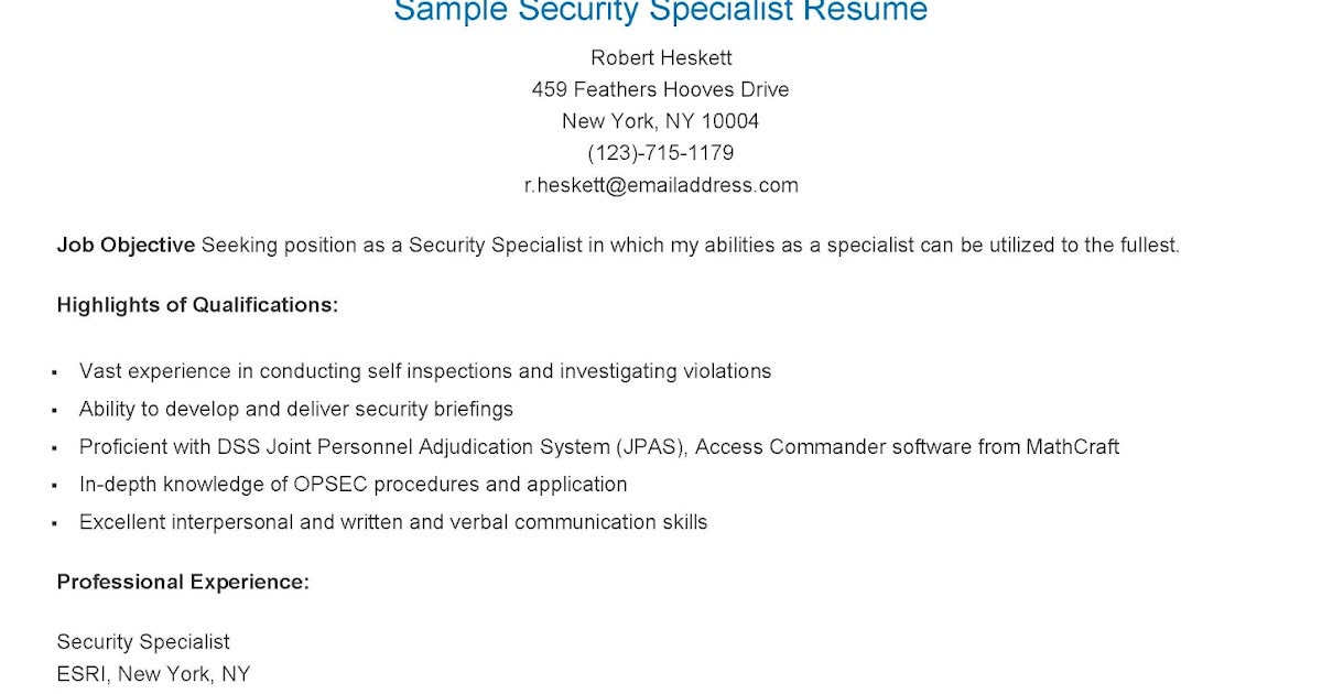 security specialist resume