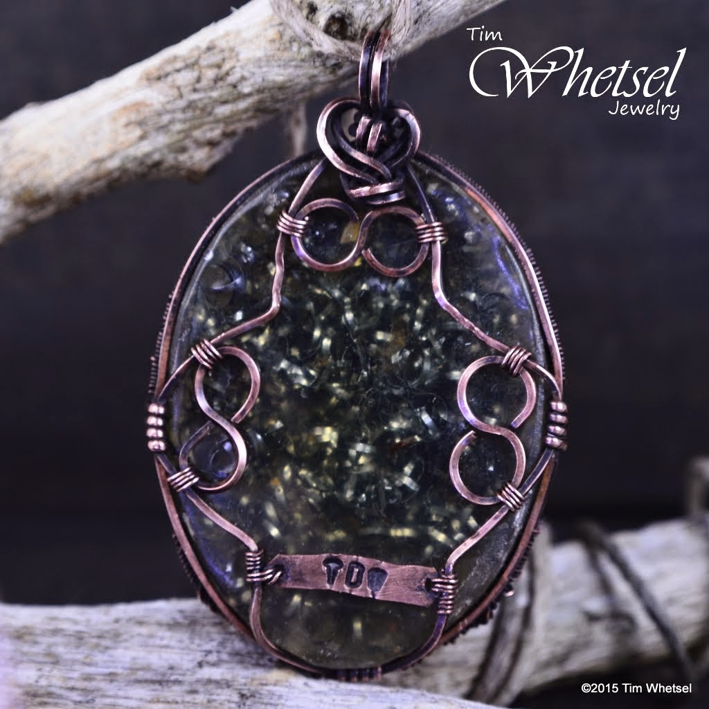 Back side of the orgonite with mother of pearl wire wrapped tree of life pendant - ©2015 Tim Whetsel Jewelry