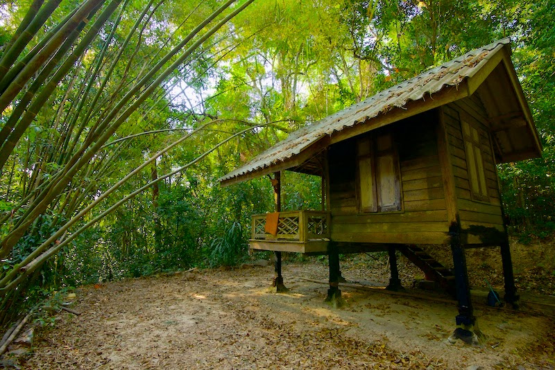 Monk's Forest Kuti Under Bamboo Monk's forest kuti under slanting bamboo at Wat Suan Mokkh Theravada Buddhist temple in the southern province of Chaiya, Thailand.