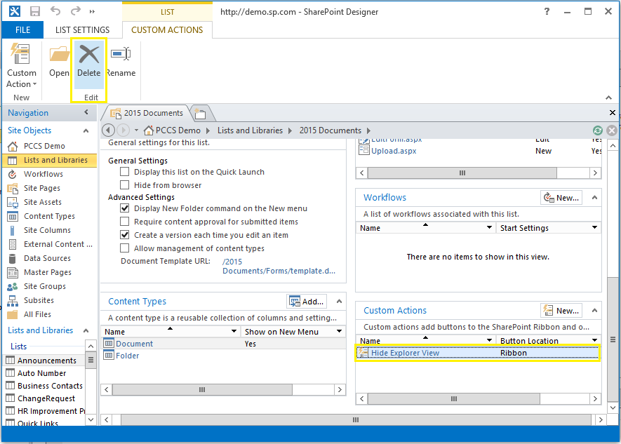 remove custom action from sharepoint designer 2013