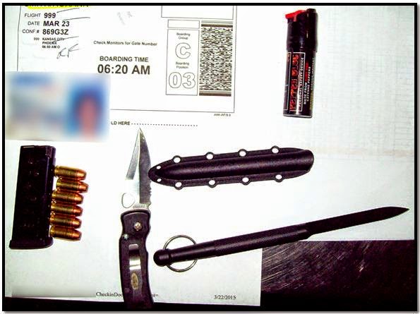 All of these items were discovered in a passenger's carry-on bag at MCI: Ammunition, Knife, Tactical Spike, and Pepper Spray