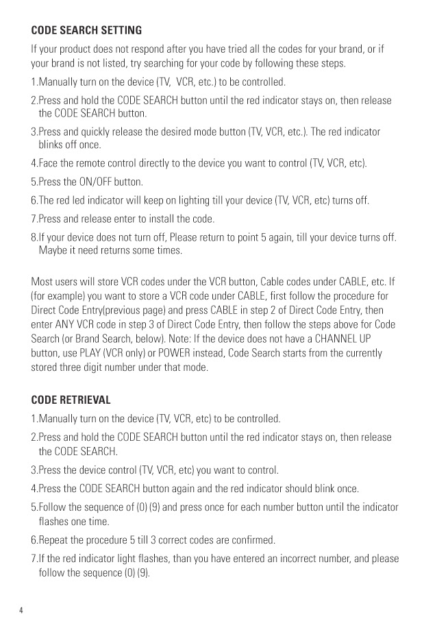 Electro help JUMBO UNIVERSAL REMOTE CONTROL SETUP INSTRUCTIONS