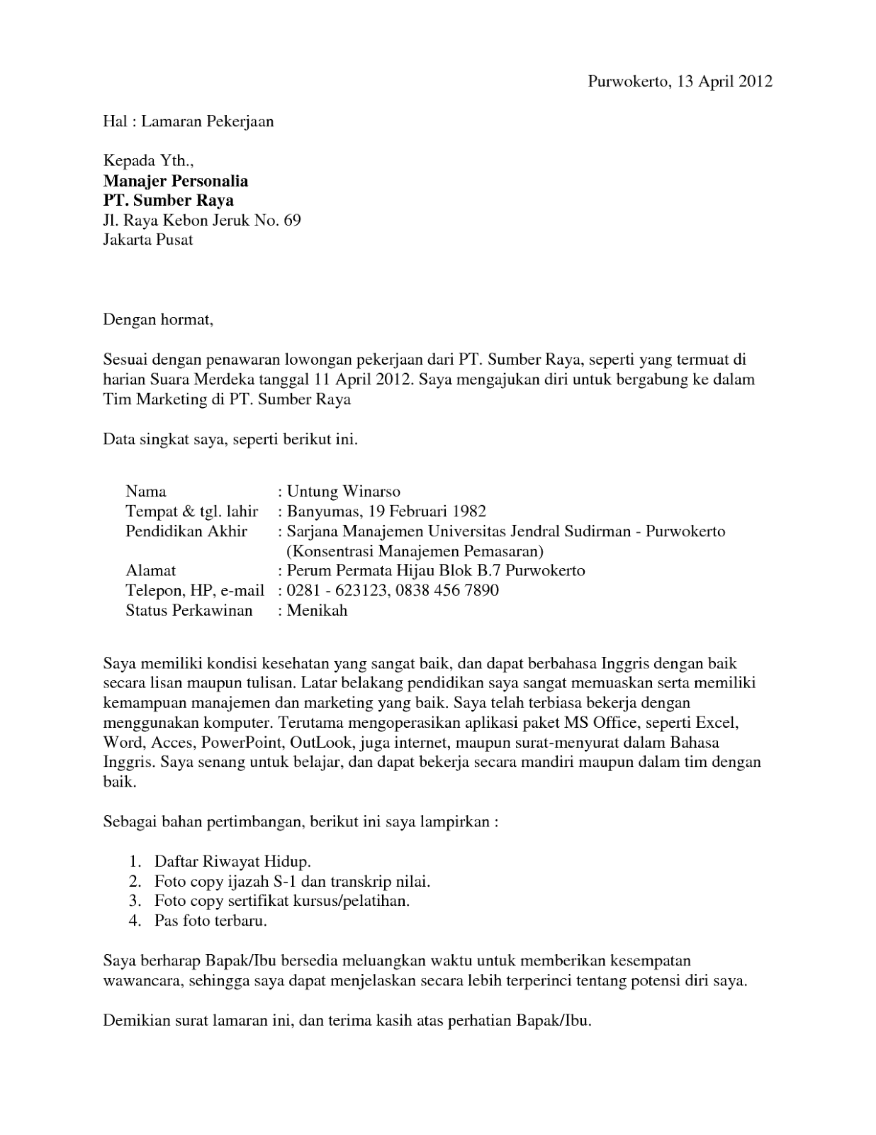 Ben Jobs 15 Contoh Surat Lamaran Kerja Umum Yang Baik Dan Benar