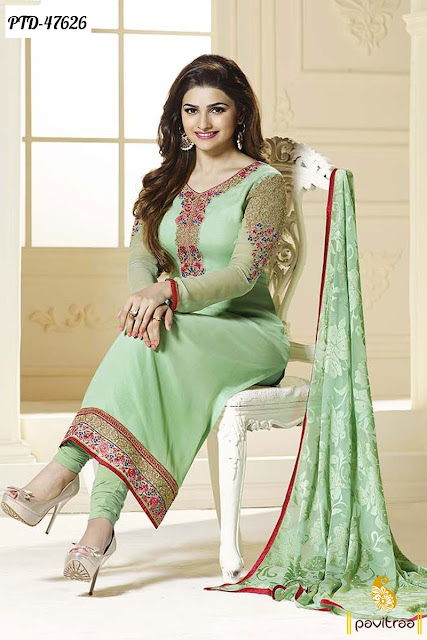 Prachi Desai special medium sea green georgette bollywood salwar suit online shopping at best discount price in India