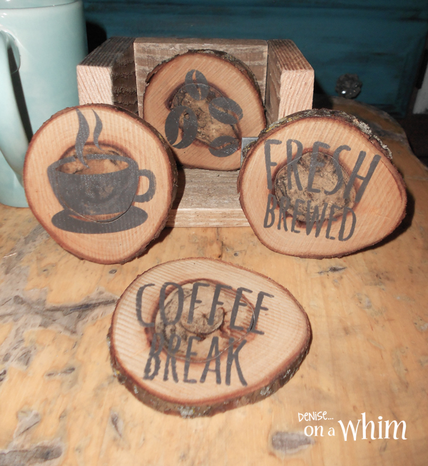 Coffee Themed Log Slice Coasters from Denise on a Whim