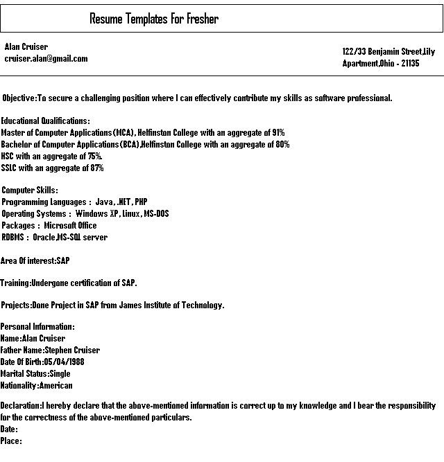 Fresher Resume Format
