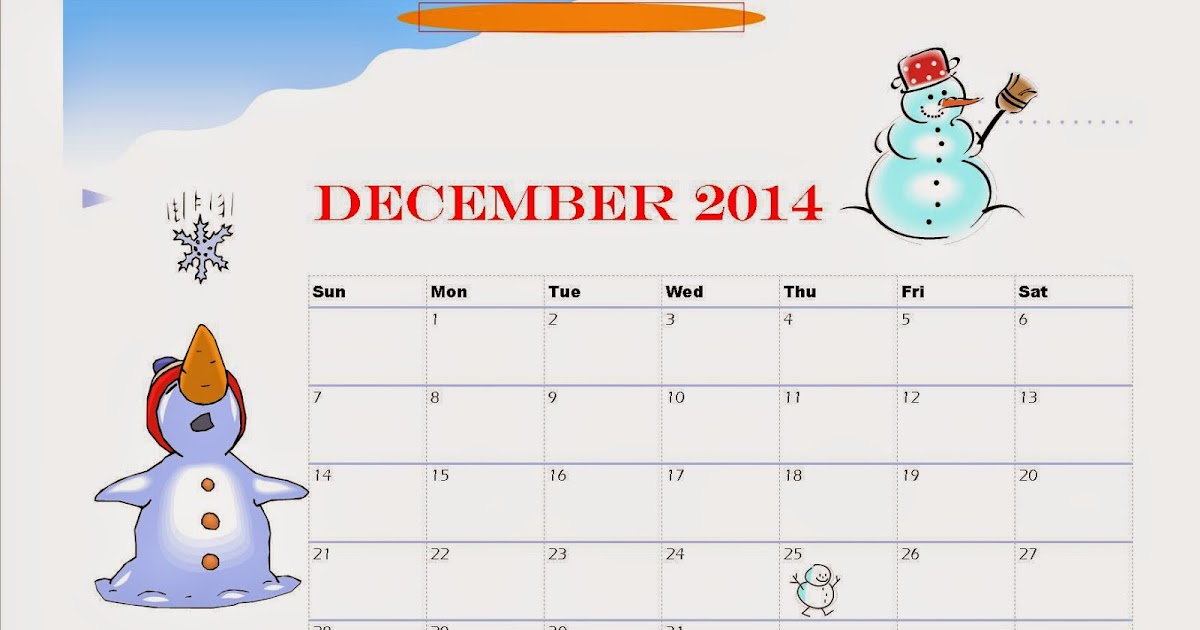 Free Printable December 2014 Calendar For Kids - Snowman Design ...