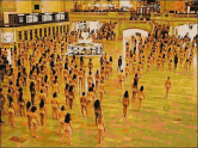 Pixelated image of a naked group in an Australian train station