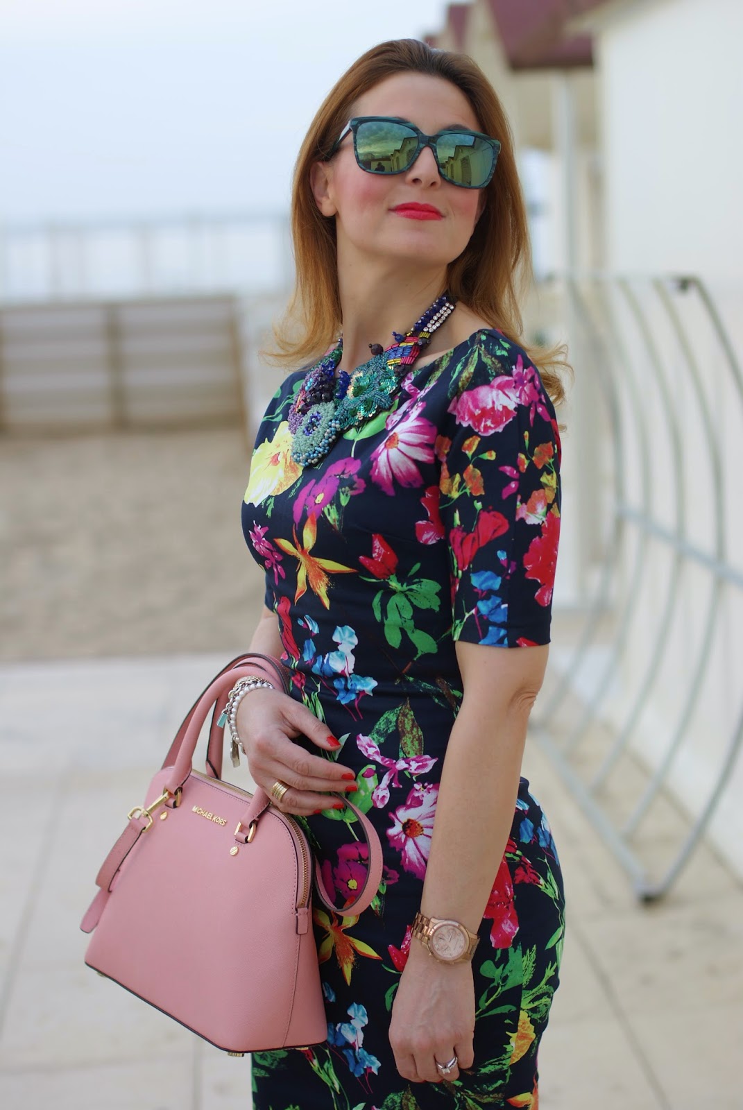Ax Paris floral midi dress, Michael Kors Cindy pink bag, HypeGlass sunglasses on Fashion and Cookies fashion blog, fashion blogger style