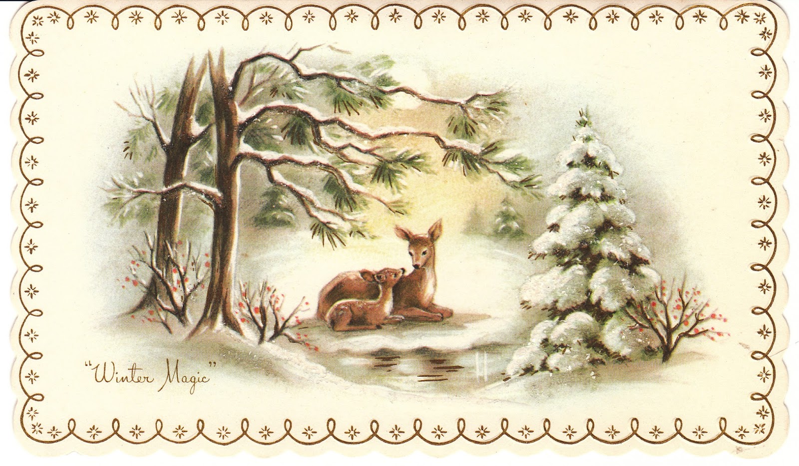 Vintage Christmas Card Deer Fawn Snowy Scene by Coronation Collection Signed