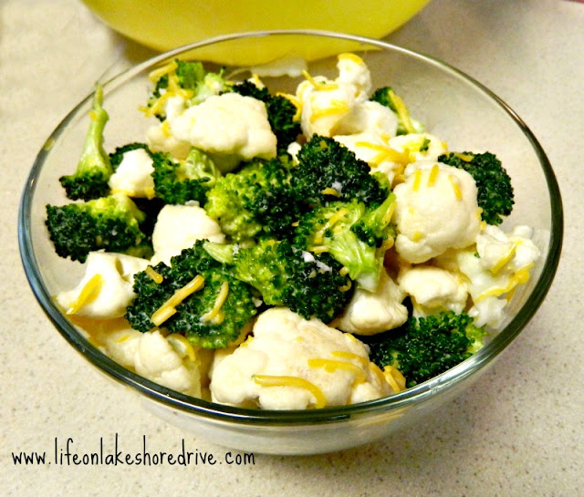 Broccoli and Cauliflower Salad  with grated cheese, onion, bacon
