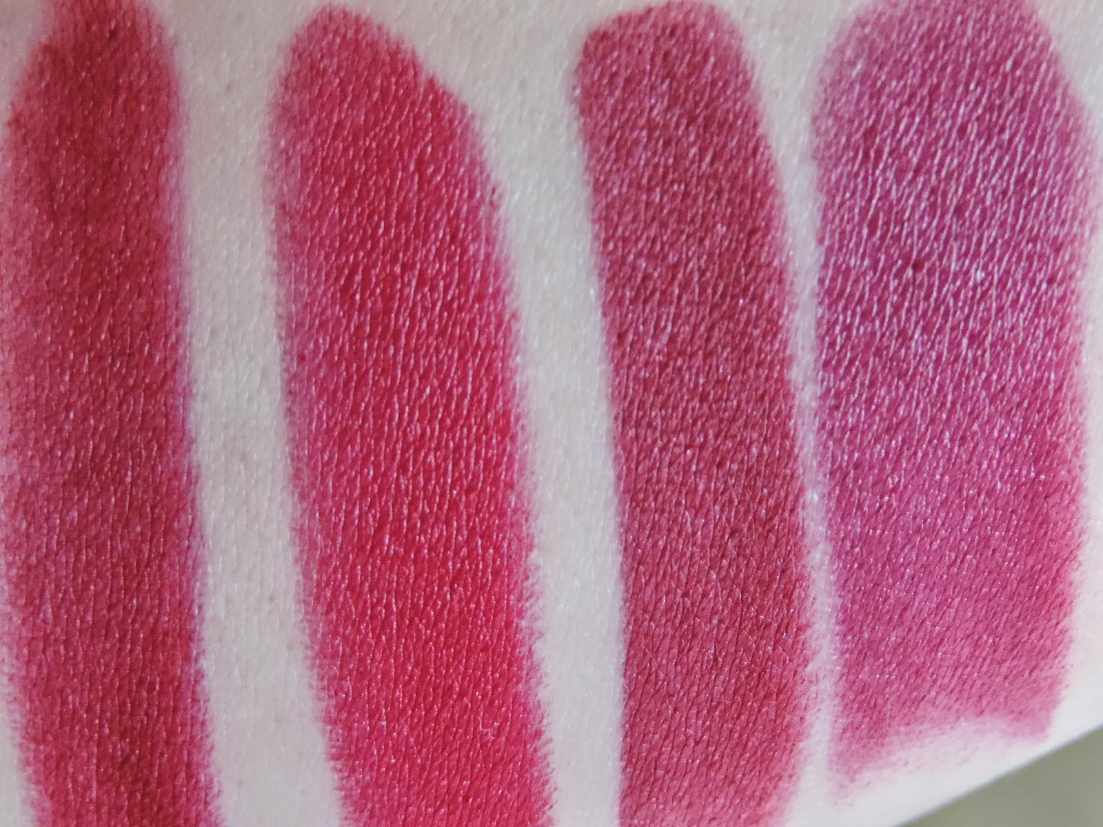 Swatches (from Left): Rimmel Kate Moss 107, Nars Vera, Charlotte Tilbury Love Liberty, Kiko Refined Burgundy