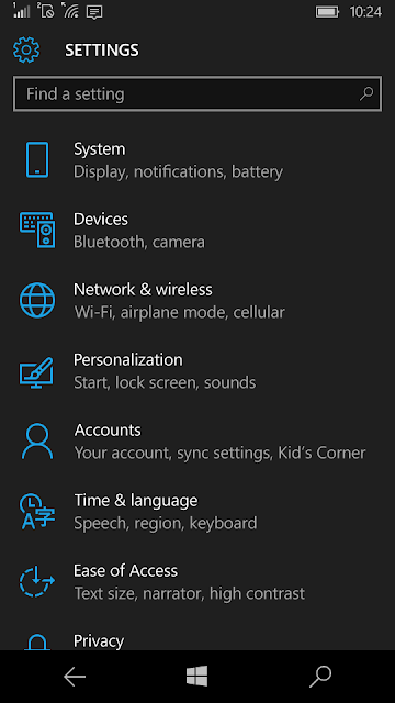Tampilan Settings (Pengaturan) Windows Phone 10