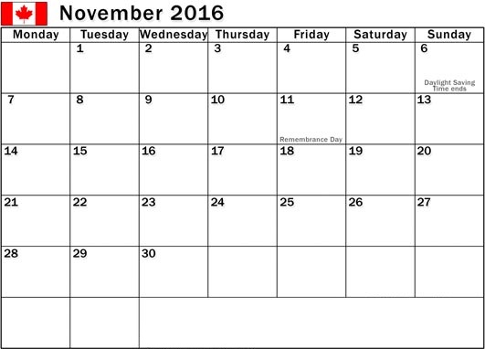 November 2016 Calendar with Canadian Holidays Free, November 2016 Printable Calendar Cute Word Excel PDF Template Download Monthly, November 2016 Blank Calendar Weekly