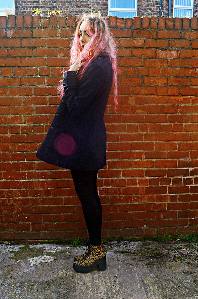 Stephi LaReine// UK Fashion and Lifestyle Blogger// Pink Hair, Long Tall Sally Coat, Primark Jeans, ASOS Leopard chunky sole boots, etia tee