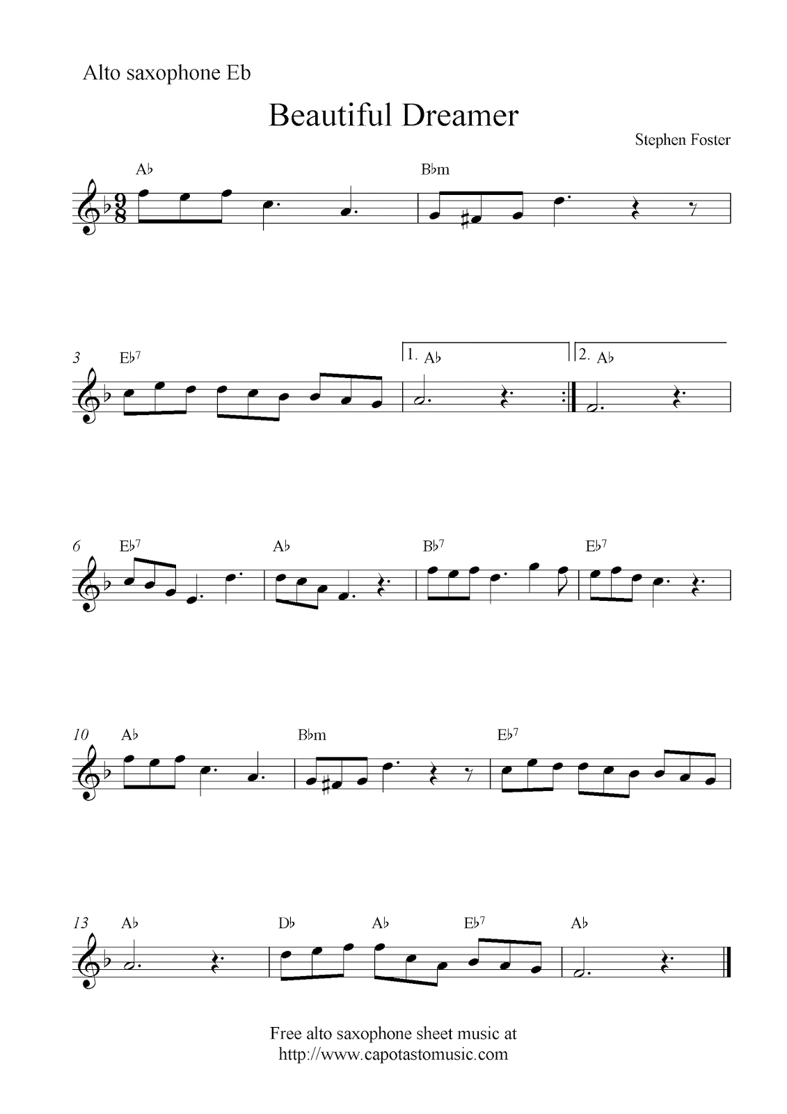 Beautiful Dreamer, free alto saxophone sheet music notes