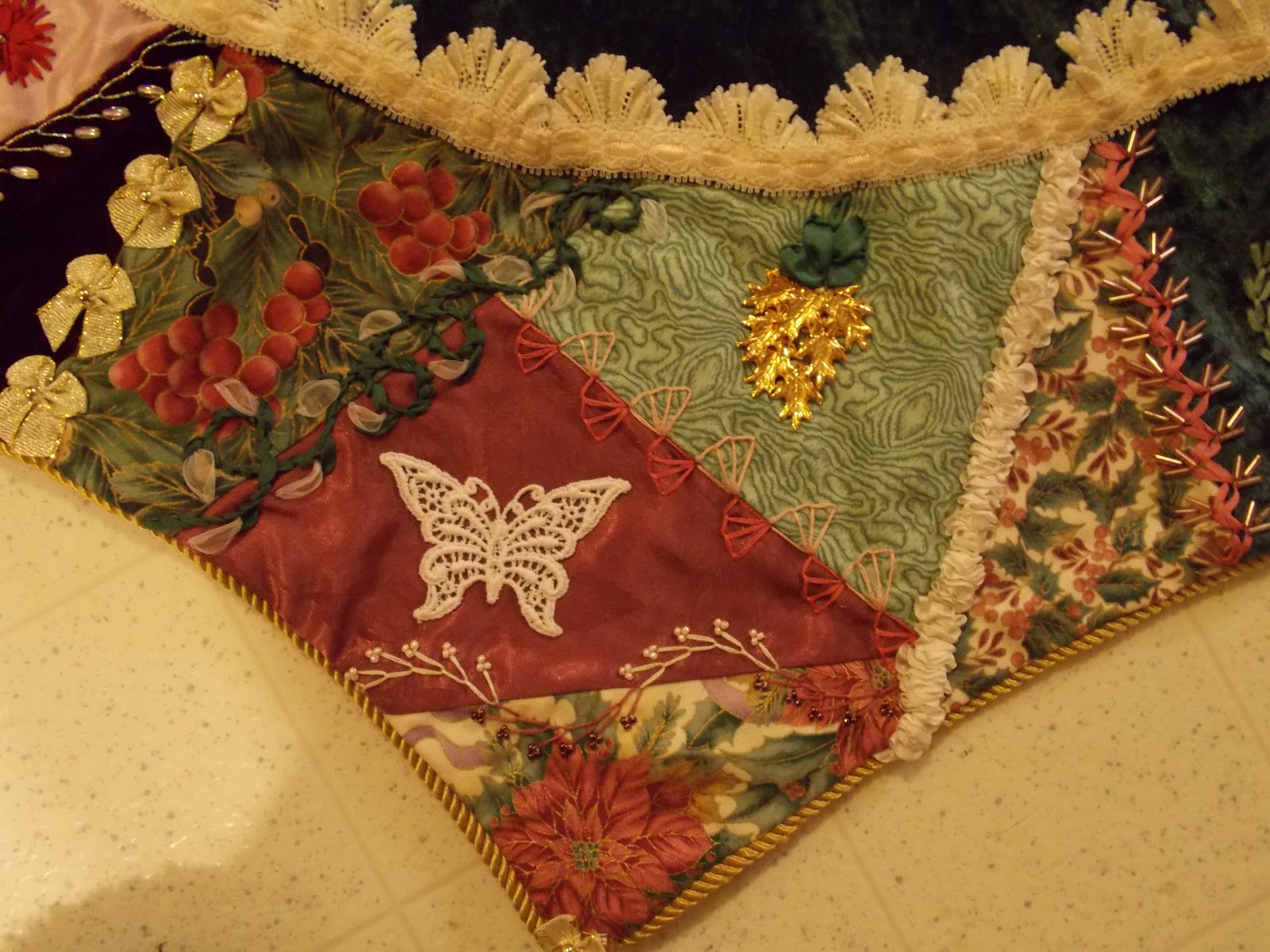 The Beaded Needle Crazy quilted tree skirt